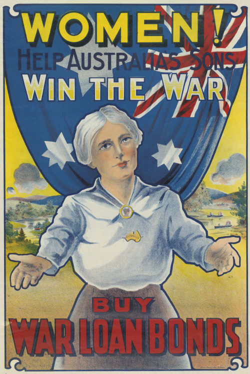 A colour poster featuring a Caucasian, older woman with white hear, a white blouse and brown skirt. Her arms are outstretched like she is offering the viewer a hug. The woman is standing in front of a hanging Australian flag. Behind the woman and the flag is a rural landscape. Above the woman, and over the flag is the words, 'Women! help Australia's sons win the war', and below the woman in front of her skirt is the words 'Buy war loan bonds'.