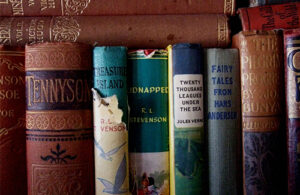 The spines of books in a bookshelf. Titles include Treasure Island, Twenty Thousand Leagues Under the Sea and Fairy Tales from Hans Andersen.