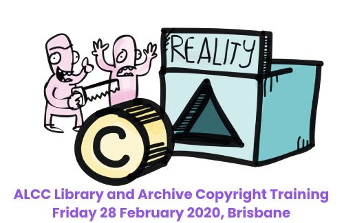 A hand drawn cartoon image featuring a box with a triangular hole in it and a label that reads 'reality'. In front of the box is a cylinder with a copyright logo on it. To the left is two characters looking at the copyright cylinder and the triangular hole that represents the reality of dealing with copyright. One has their hands thrown up in the air in exclamation while the other holds a saw with the intention of changing the shape of the copyright cylinder to better fit the triangular hole in the reality box. Below is text reading: 